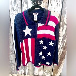Vintage Tiara International American Flag Front Zip Sweater Size L USA 🇺🇸